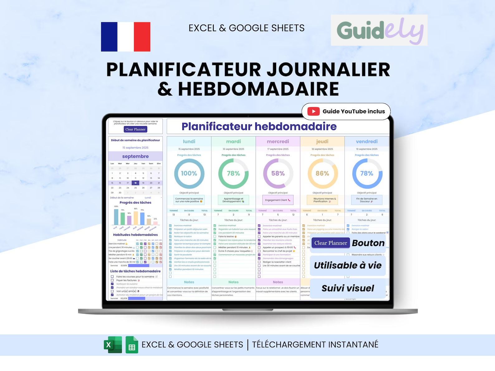 Planificateur Hebdomadaire & Journalier, Suivi des tâches, To-Do List, Checklist Quotidienne, Suivi Habitudes, Agenda Google Sheets, Excel