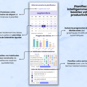Planificateur Hebdomadaire & Journalier, Suivi des tâches, To-Do List, Checklist Quotidienne, Suivi Habitudes, Agenda Google Sheets, Excel