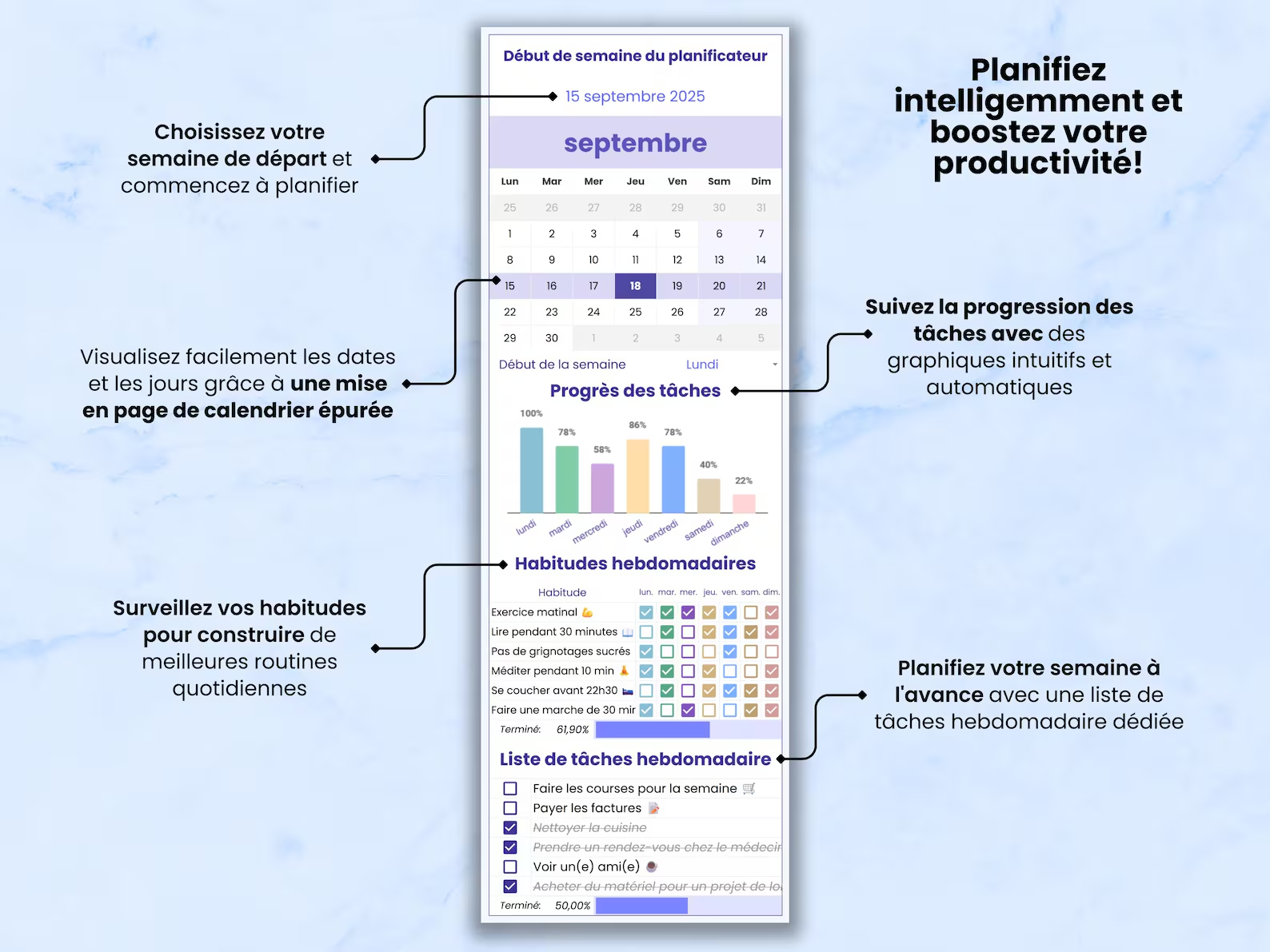 Planificateur Hebdomadaire & Journalier, Suivi des tâches, To-Do List, Checklist Quotidienne, Suivi Habitudes, Agenda Google Sheets, Excel - Image 3
